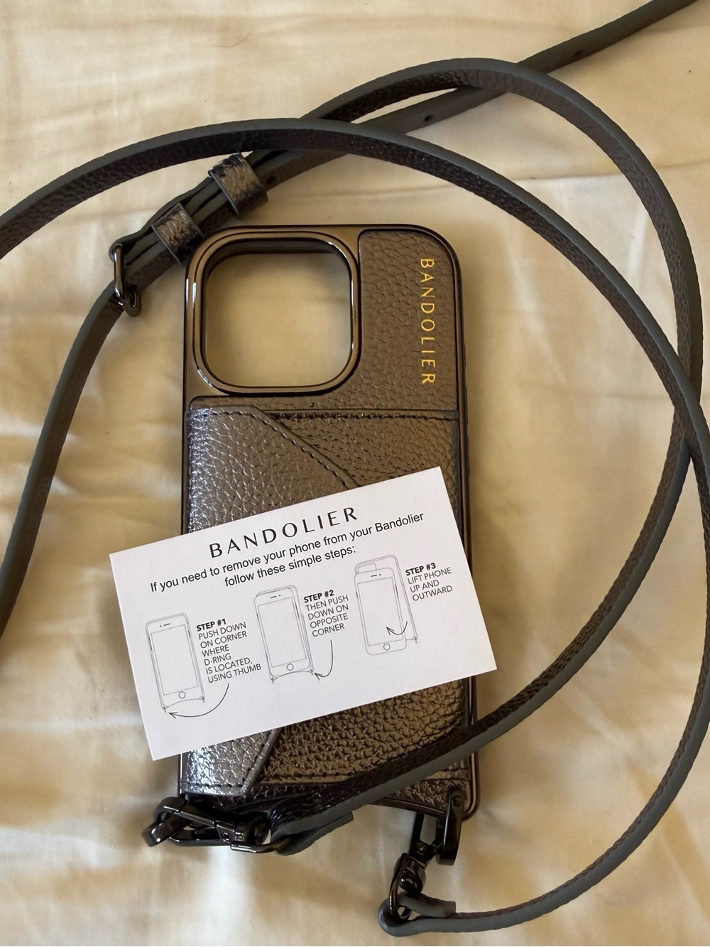 Bandolier Metallic Gray Leather Crossbody Phone Case with Gold Logo Accent - Picture 4 of 7